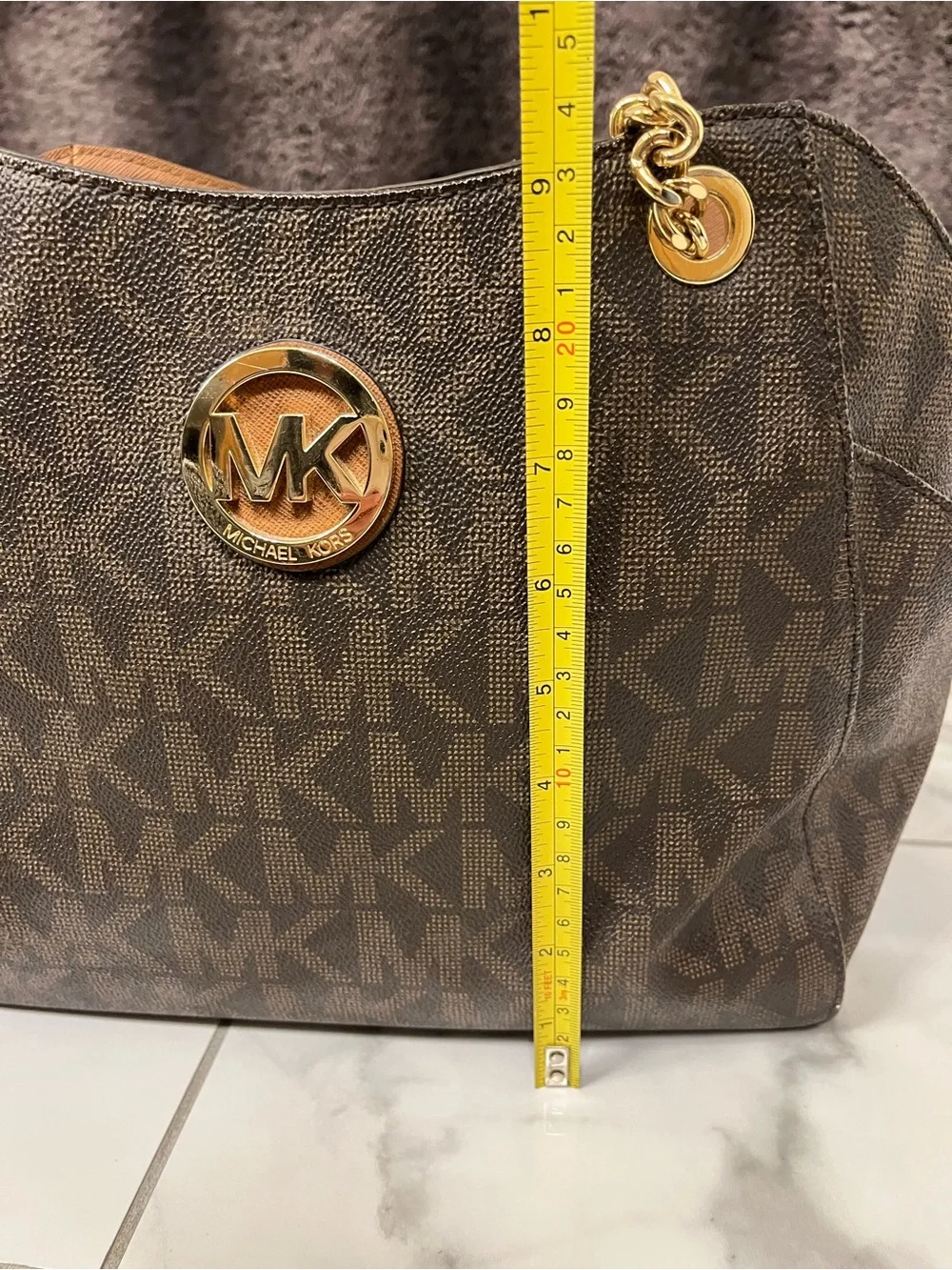 Michael Kors Brown MK Signature Shoulder Bag with Gold Hardware